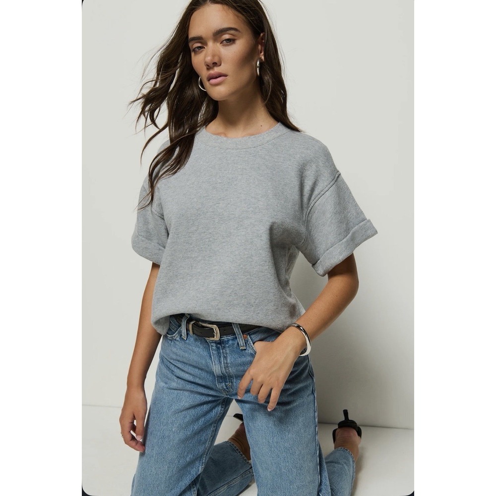 Nation LTD Womens M Bane Sweatshirt Tee Gray Minimalist French Cuff Quiet Luxury